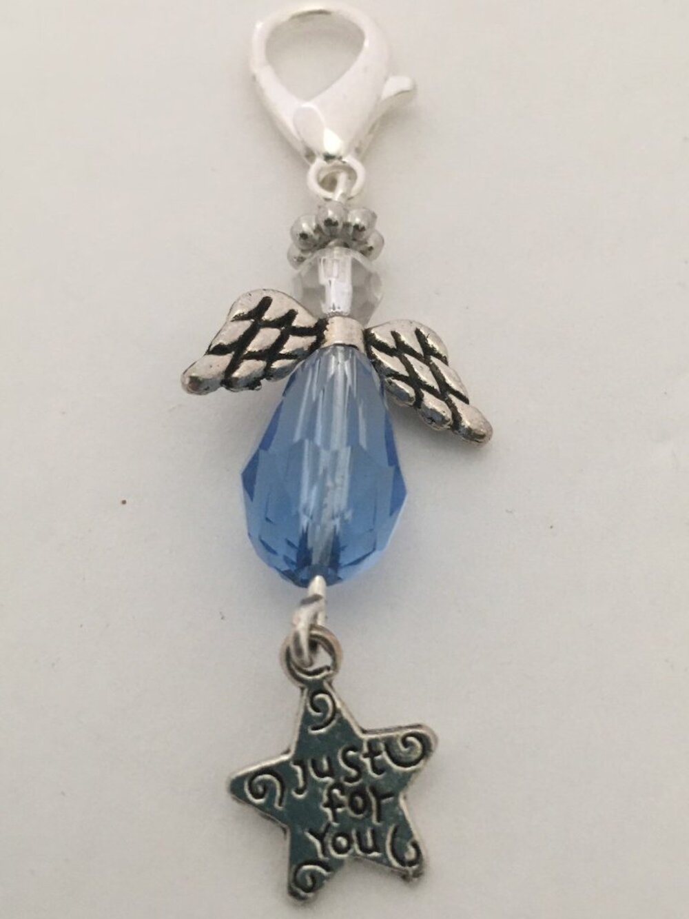 Handmade Angel Clip Charm • Blue Crystal Bead • Bag & Keychain Accessory